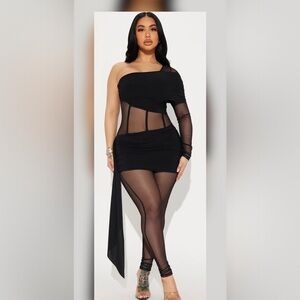 Fashion Nova Black Sheer One-Shoulder Jumpsuit